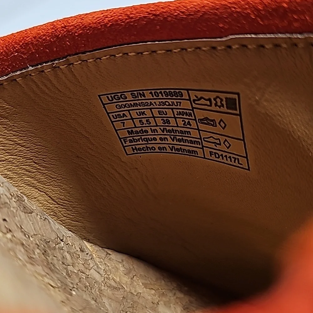UGG Kendra Wedge Sandals Slides Espadrilles Suede Leather Fringe Cork Orange 7